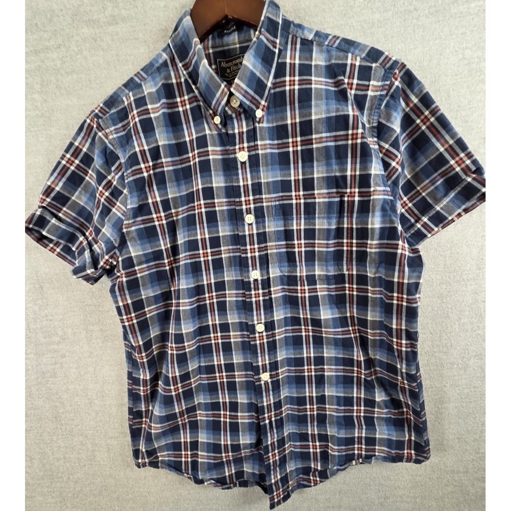 Abercrombie & Fitch L Mens Short Sleeve Blue Plaid Button Up Shirt Retro Y2K